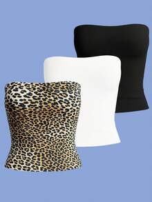 Kit Of 3 Strapless Cropped Tube Tops, Basic Lined Blouses For Women, Premium Blogger Style. - Kit Tube Preta Branca Onça - View 1
