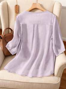 女式刺绣宽松复古中袖套头衫，春夏 - 淡紫色 - 查看 2