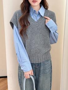 Alicedudu Women's Autumn/Winter Minimalist V-Neck Pullover Vest - Light Grey - View 3