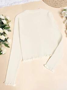 Women's Autumn Graduation Season Casual Crewneck Butter Yellow Ruffle Button Knitted Top Pullover Work/Office - White - View 7