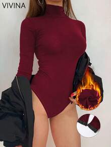 VIVINA Women's Solid Color Slim Fit Turtleneck Long Sleeve Warm Bodysuits, Casual & Versatile For Autumn/Winter, Suitable For Thanksgiving, Airport Outfit, Fall Season - Burgundy - View 8