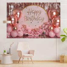 1 Stück rote Rose Gold Geburtstag Hintergrund - Polyester Party Flagge, Innen-/Außendekoration, funkelnde Kuchentisch Flagge, Kameraraum, Party Zubehör, Heimdekoration