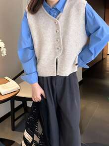 Alicedudu Women's Asymmetrical Hem Cardigan Sweater Vest, Minimalist High-End Style, Autumn/Winter - Apricot - View 3