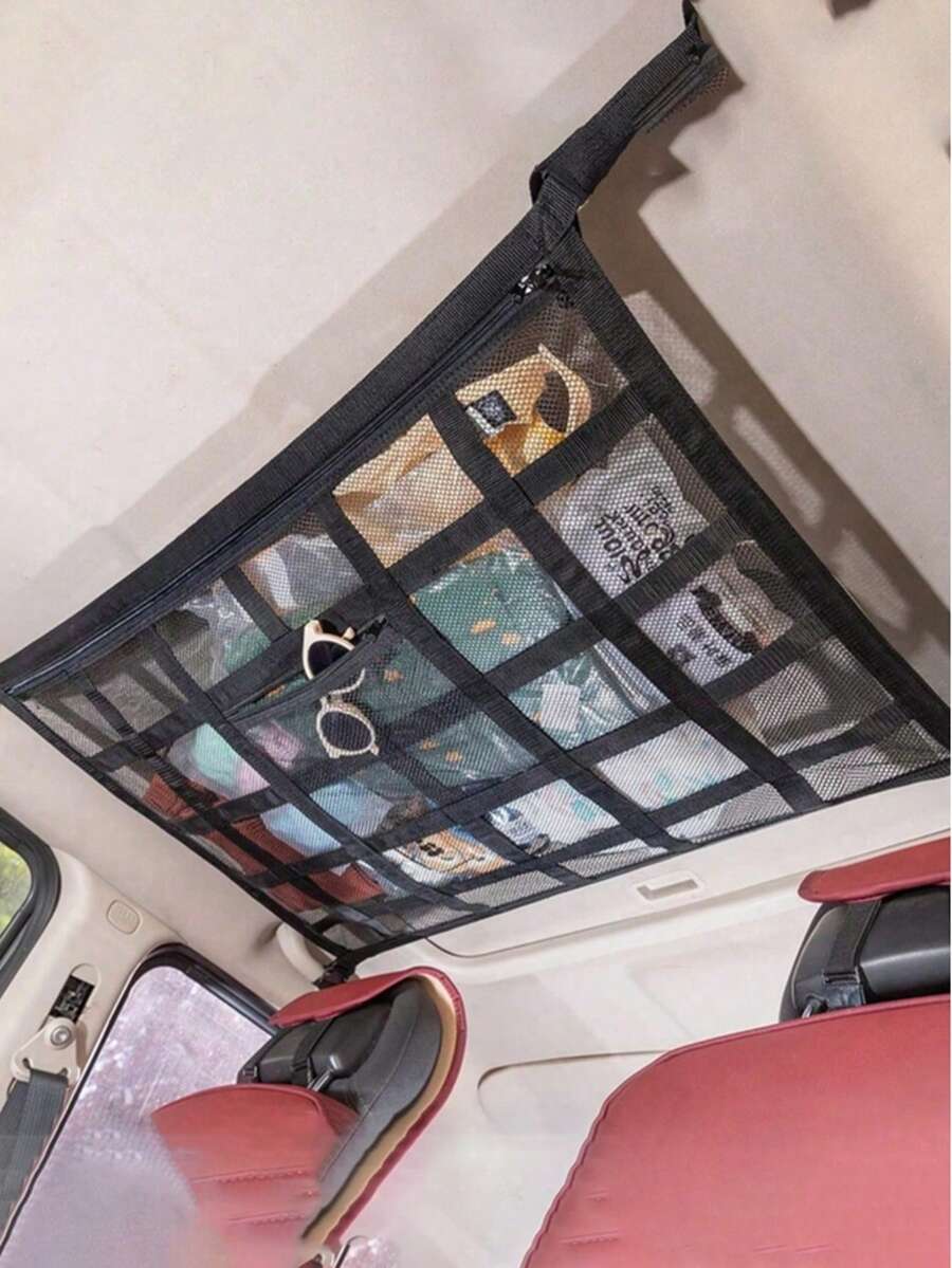 黑色汽车车顶行李网，加固承重防下垂双层网状车顶储物整理袋，车顶露营网袋，车顶行李网袋，长途旅行露营车顶储物整理袋，内饰配件，汽车配件，汽车内饰配件，汽车收纳配件