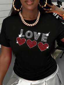 White Love Rhinestone Heart T Shirt Women Fashion  Casual Top Sparkly Embellished Graphic Tee Shirt For Valentine Day Party Outfit - 黑色 - 查看 2