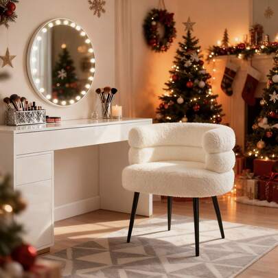 Nawahev Makeup Vanity Chair With Back,Comfy Lambswool Fabric Accent Armchair Upholstered For Girls, Living Room,Home Office -White