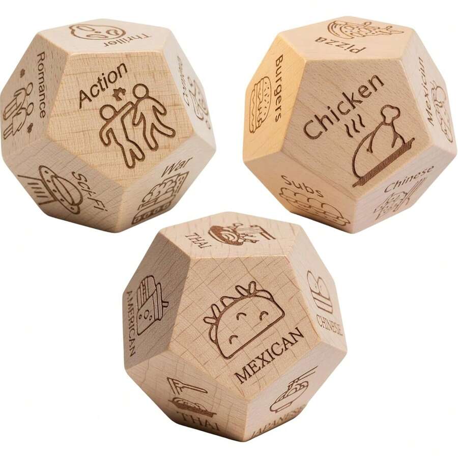 3 Pieces12-Sided Premium Natural Wooden Decision Dice Set - Romance & Laughter Boosting Couples Dice (Food Meal Choices + Movie Genre + Fun Activity Decider, Engraved Clear Patterns: Pizza/Chicken/Romance/Sci-Fi), Natural Wood Tone, Ideal Valentine's Day/Xmas/ Christmas/Birthday/Anniversary Gift For Couples/Married Pairs, Dinner Decision Dice For Date Night & Festive Party Game Supplies - Multicolor - View 1