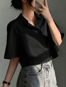 Women Casual Asymmetric Button Down Shirt,Short Sleeve Tops - Black - View 2