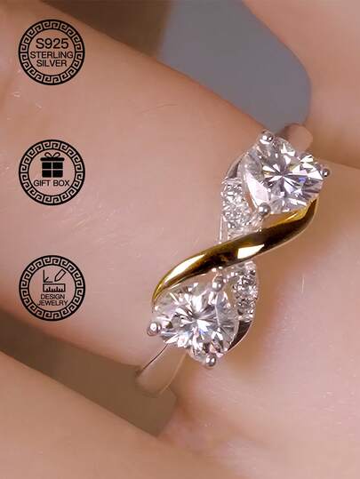 1pc S925 Sterling Silver White Heart Shaped Ring For Women/Girls, Inlaid With Synthetic Cubic Zirconia, Suitable For Daily Wear, Dating, Wedding, Celebration, Easter Gift, Halloween Gift, Valentine's Day Gift, Mother's Day Gift, Birthday Gift, Comes With Gift Box