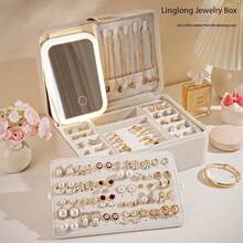 JewelryStorageBoxLEDMirror LED 紧凑型多功能 3 色可调节化妆镜和珠宝盒组合，照亮您的美丽，防水、防尘，适用于化妆品、耳环、戒指和珠宝收纳，阳光旅行凉爽返校