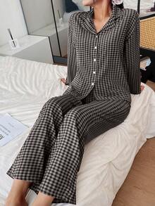 2pcs Women Plaid Button Front Long Sleeve Pajama Set - Cute Top And Elastic Waist Pants Homewear,Valentine's Day - Grey - View 4