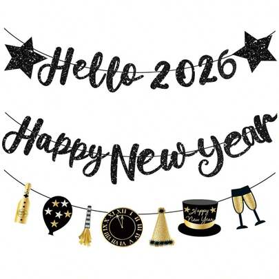 3条装新年快乐闪光横幅，黑色闪亮预串新年装饰横幅，适合新年派对装饰，2026新年派对用品，家居装饰