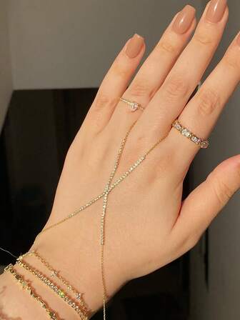 STONEFANS 1件闪亮金色X形水晶链条手链，新款欧美风格女士手部饰品配饰礼品，手链