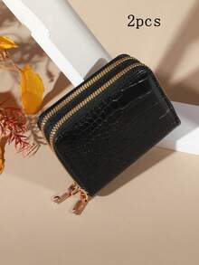 1 pieza Billetera personalizada con cremallera doble y patrón de corona, portacartas de crédito, billetera de piel para mujer, billetera de viaje con cremalleras, billetera antirrobo con cremallera, disponible en negro y blanco, de gran capacidad, adecuada para fiestas, compras, viajes y otras ocasiones, se puede regalar en cualquier ocasión - Multicolor - Ver 9