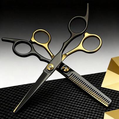 1 pieza/2 piezas Juego de tijeras de corte de pelo profesionales de alta calidad para uso doméstico, tijeras de corte de pelo de acero inoxidable, negro y dorado, herramientas para el cabello, productos y accesorios para peluquería, salón de belleza, artículos esenciales de viaje