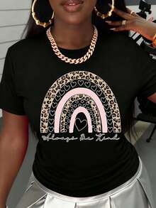 Lady Leopard Rainbow Heart Print Always Be Kind Fashion Casual Cotton T Shirt Romantic Date Gift For Women Party Outing Wear - Black - View 1