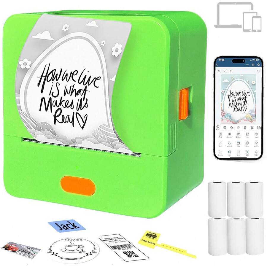 Máquina etiquetadora P1 - Impresora de Etiquetas Adhesivas Bluetooth Inalámbrica con 6 Rollo Etiqueta, 20-55 mm de Ancho de impresión, Impresora de Etiquetas para Teléfono y PC (Verde) - Verde - Ver 1