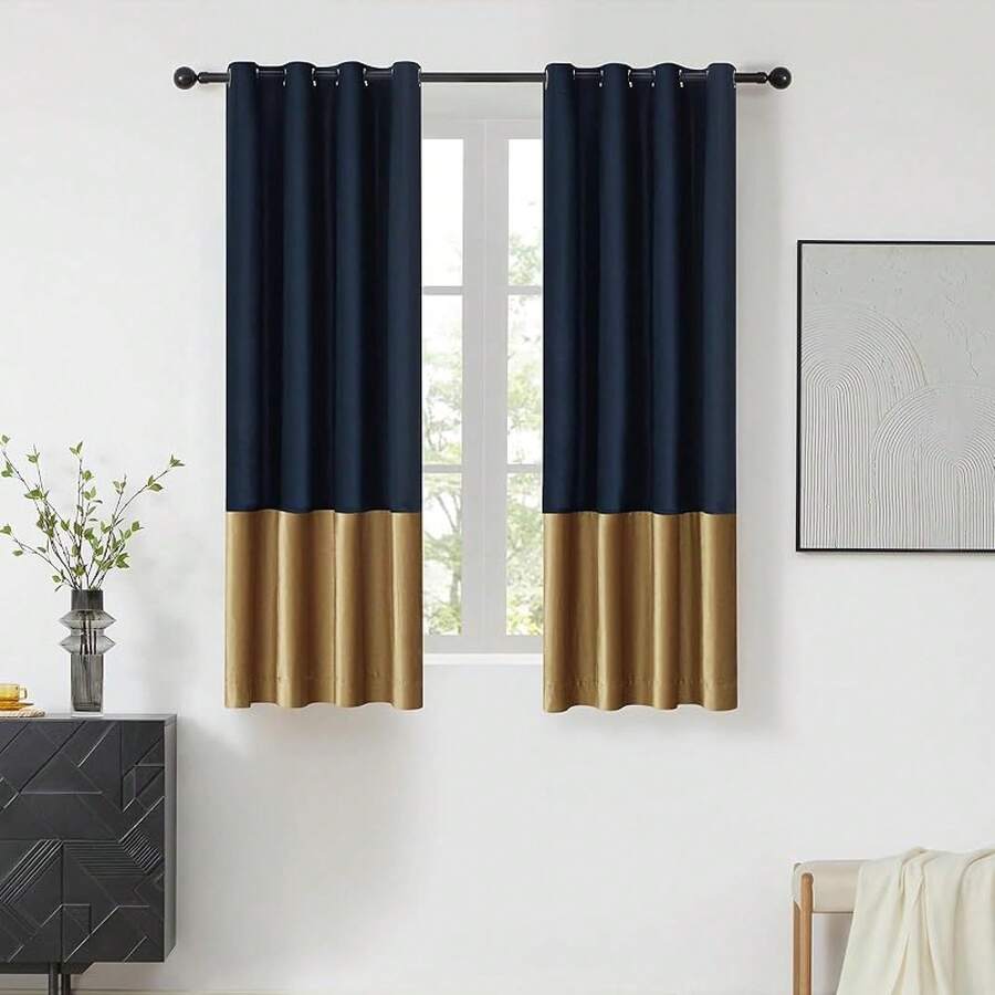 Black Gold Color Block Window Curtains Panels 84 Inches Long Farmhouse Drapes Bedroom Living Room Darkening Treatment With Grommet Set Home Decor - 海軍藍和金色 - 查看 1