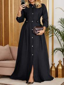 Whisplicity Vestido de manga larga elegante para mujer de talla grande, diseño de botones de unicolor elegante, adecuado para ir al trabajo, negocios, festivales, otoño/invierno - Negro - Ver 5