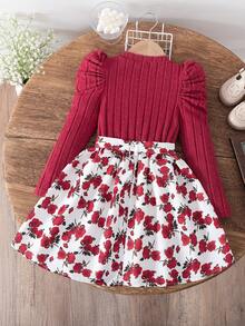 Young Girl' Fashion Casual Puff Sleeve Long Sleeve Fleece Print Dress + Matching Print Belt - Red - View 2