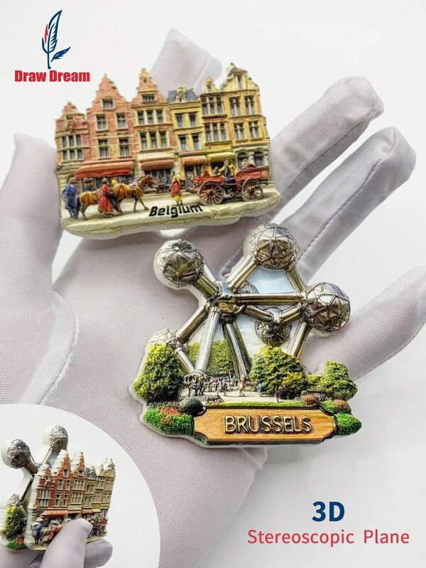 1pc Draw Dream Belgium Brussels Theme 3D Stereo Fridge Magnet, Atomium Tower & Traditional Architecture Landmark Magnetic Sticker, Travel Souvenir, Suitable For Home Decor, Kitchen, Room, Office, Cabinet, Craft Gift, Holiday Favor, Elegant Small Gift