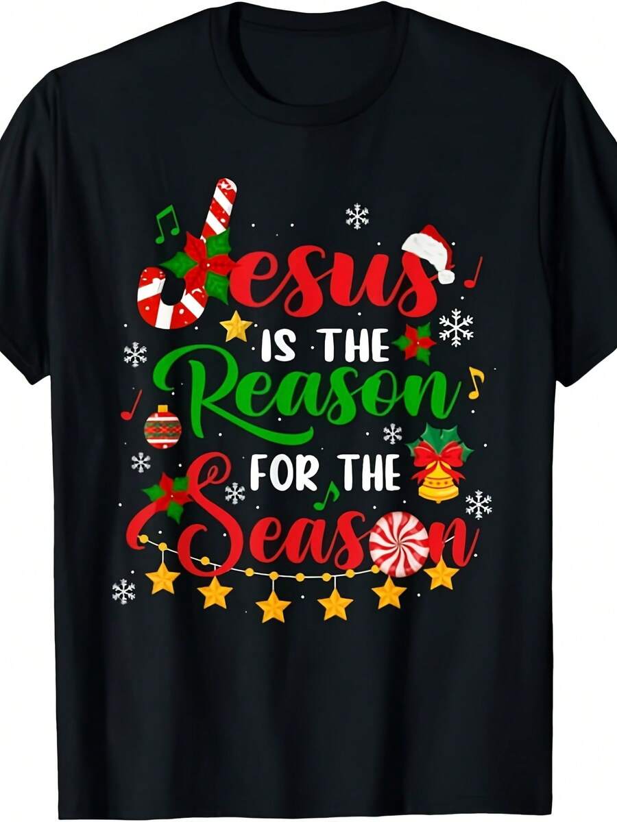 & Suitable For Jesus Is The Reason For The Season T-Shirt - Vintage Religious Christmas Tee With Candy Canes, Holly & Snowflakes - Soft Year-Round Comfortable Holiday Apparel For Church, Family Matching Outfits (Gift) - Machine Washable Faith Apparel - Black - View 1