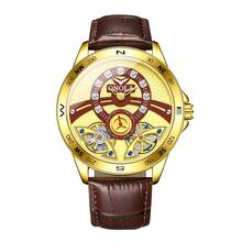 Reloj de hombre ONOLA de diseño de lujo casual con caja dorada, correa de cuero marrón, reloj mecánico de esqueleto de marca de lujo con doble rueda volante en el dial