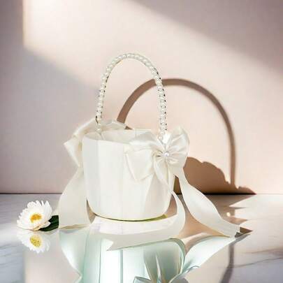 1pc-Elegant Wedding Flower Girl Basket, White Cute Flower Basket For Party And Wedding Decoration