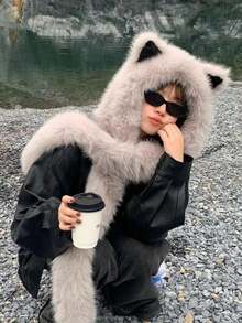 1pc Stylish Faux Fur Fox Ear Neck Warmer Hat, Women Winter Warm Windproof Trapper Hat, Ski Cap - 灰色圍巾- - 查看 7