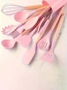 12-Piece Kitchen Cooking Utensils Set With Holder, Silicone Kitchen Tools Include Spatula Tong Slotted Spoon Turner Whisk Brush, Wooden Handle Kitchen Gadgets For Nonstick Cookware, Silicone Cooking Utensils Set 446°F Heat Resistant