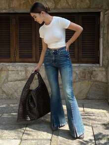 Livesso Jeans de pierna acampanada casual con bolsillo sesgado y bajo con abertura - Azul - Ver 3