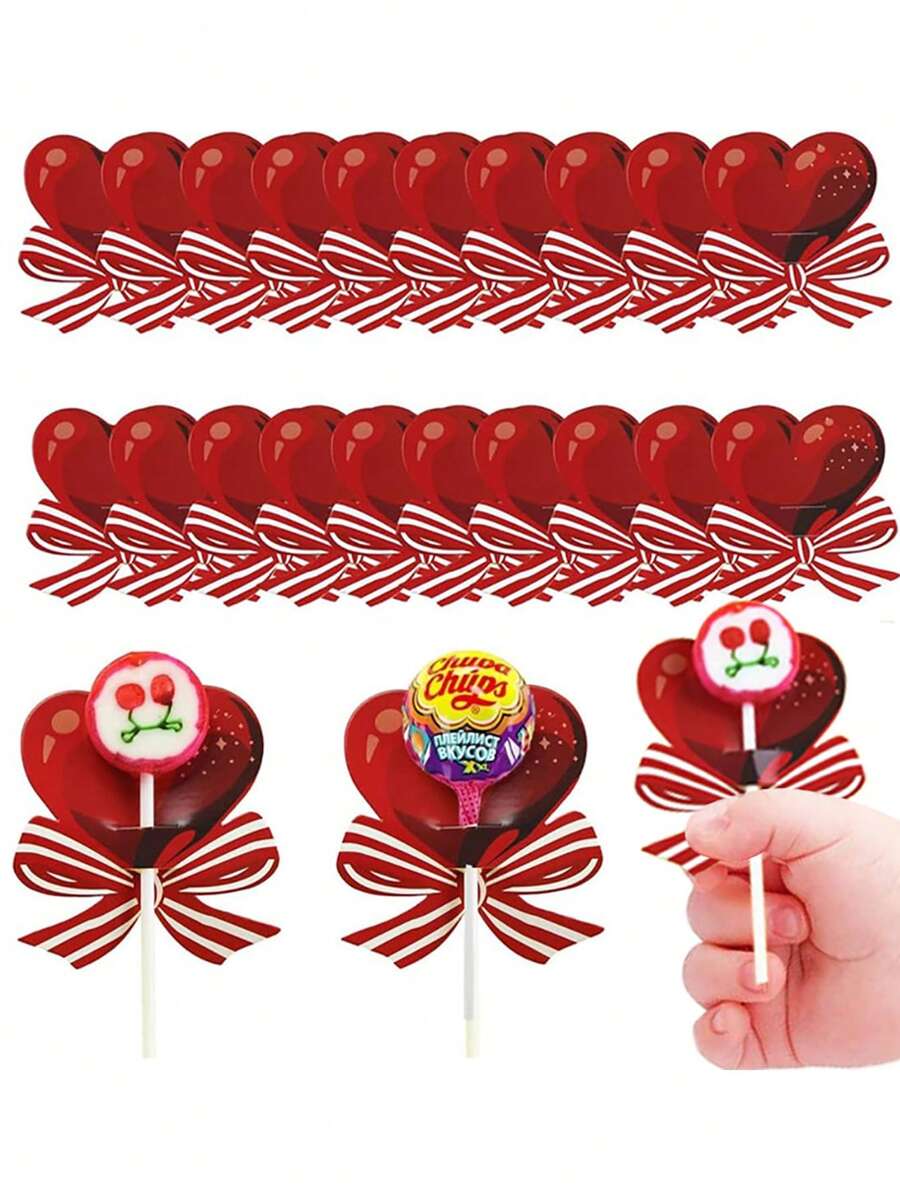 100pcs Valentine's Day Heart Shaped Lollipop Cards, Valentine's Lollipop Decoration Cards Without Candies, Creative Design DIY Party Decorations Paper Cards, Suitable For Candy Gifts, Valentine's Day Party Decorations, Lollipop Paper Cards DIY Decorations, Valentine's Day Party Gifts And Supplies - Red - View 1
