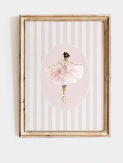 1幅无框粉色芭蕾舞裙芭蕾舞女墙画，巴黎条纹水彩画，芭蕾主题女孩房装饰，奇趣游戏室艺术，中性婴儿房装饰，送给女孩的婴儿洗礼礼物，优雅舞蹈海报
