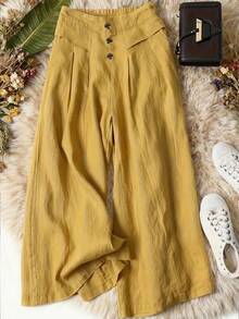 Pantalones de pierna ancha con cintura alta semielástica y corte slim para mujeres - Amarillo - Ver 1