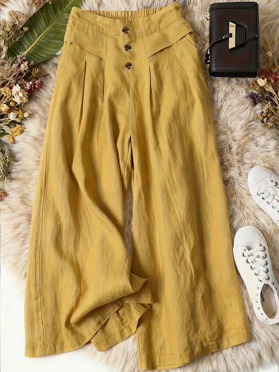 Pantalones de pierna ancha con cintura alta semielástica y corte slim para mujeres - Amarillo - Ver 1