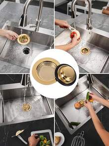 [US-Based Shipping]Three-Piece Kitchen Sink Drain Strainer Set, Stainless Steel Handle Garbage Disposal Plug, Universal Anti-Clog Kitchen Sink Strainer Basket, Kitchen Sink Drain Strainer Set, Universal Anti-Clog Stainless Steel Handle Garbage Disposal Plug, Perforated Strainer Basket, Fits Standard 3.5-Inch Drain Opening  Kitchen Sink Accessories, Garbage Disposal, Splash Guard, 3.4-Inch Sink Drain Strainer And Plug  Kitchen Drain Strainer, Stainless Steel Sink Accessories, Sink Drain Plug, Drain Cover, Stainless Steel Garbage Disposal Plug (Gold) - 彩色 - 查看 9