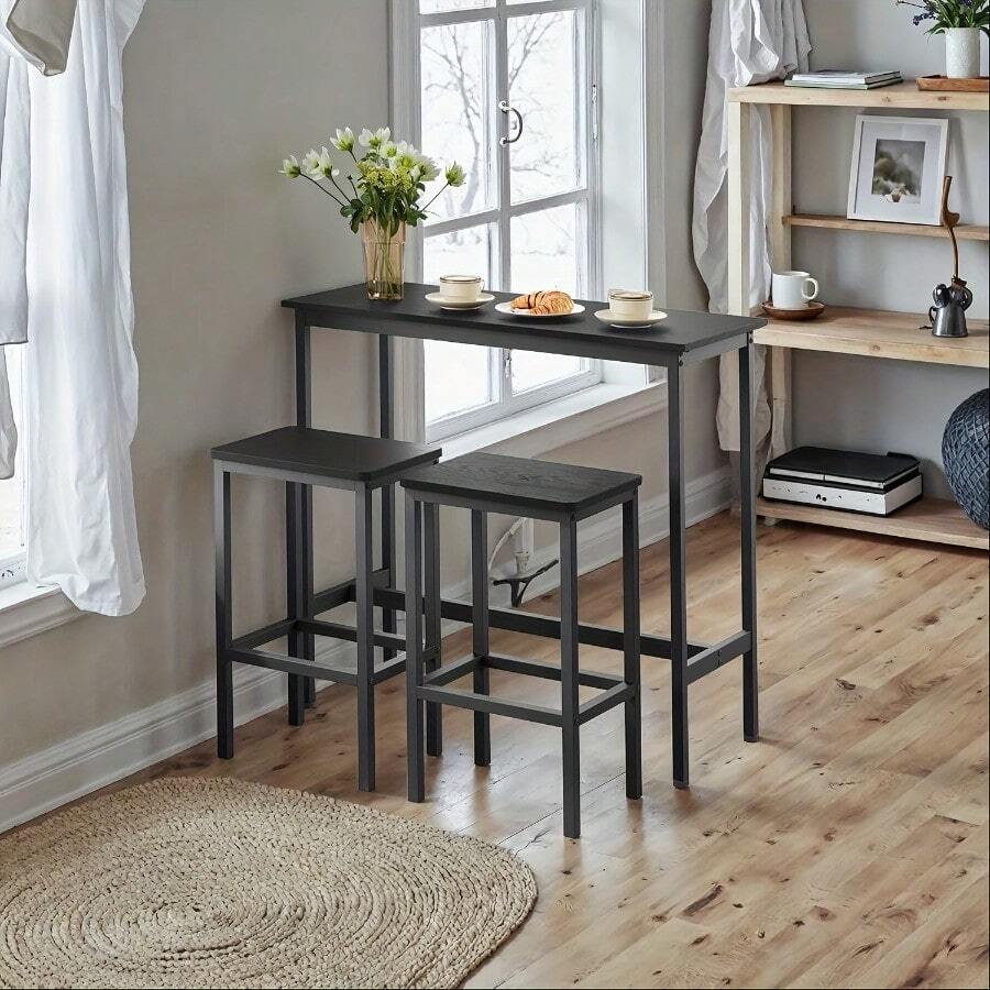 Bar Table And Chairs Set, Dining Table Set, Bar Kitchen Table With Stools Set Of 2, Steel - Ebony Black and Ink Black - View 1