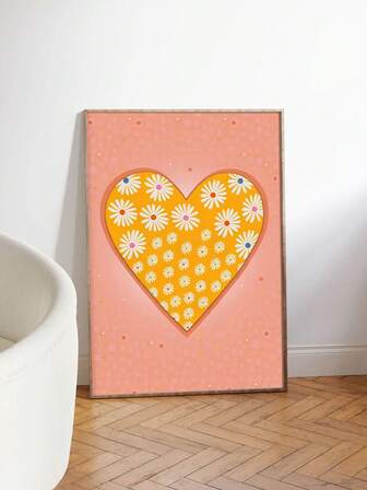 1PC Blush Pink Mustard Yellow Heart Wall Art - Abstract Daisy Floral Print, Unframed Nursery Decor For Bedroom & Living Room, Valentine'S Day Gift
