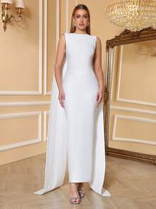 Love Aing 优雅长款斗篷式礼服，适合街头、红毯、舞台时装秀、奢华正式晚礼服、婚礼宾客、节日、斋月、开斋、中东宴会、鸡尾酒会、晚宴等场合。 - 白色 - 查看 3