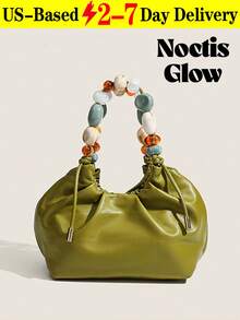 Women's Luxe Green Beaded Pleated Handbag – Elegant Ruched Faux Leather Crossbody/Shoulder Bag, Unique Multicolor Bead Handle Hobo Purse, Ideal For Daily Fashion, Dating, Shopping Trips, Brunch & Weekend Gatherings,  Accessory With Spacious Interior - 彩色 - 查看 12