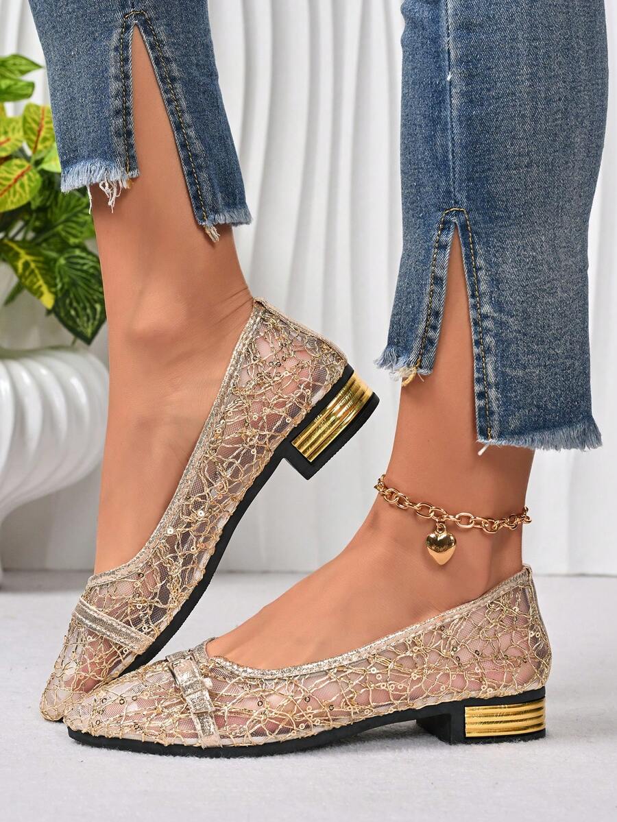 女士时尚优雅奢华一脚蹬乐福鞋，适合度假、派对、婚礼等场合。 - 金色 - 查看 1