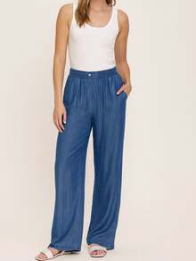 MODA MO, REF: AS1710 - Women's High-Waisted, Slim-Fit Jeans, Straight Leg With Elastic Waistband, Decorative Metal Buttons At The Waist, Pockets, Non-Stretch Fabric, Lightweight And Comfortable, Suitable For Casual Occasions. - Xanh đậm - Xem 6
