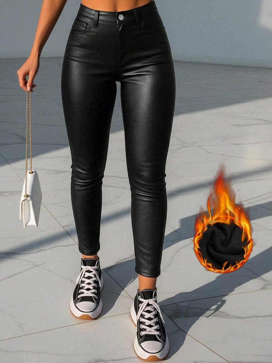女士中腰PU皮裤，街头风，斜插口袋，保暖内衬，弹力修身剪裁，圣诞节完美之选 - 黑色 - 查看 1