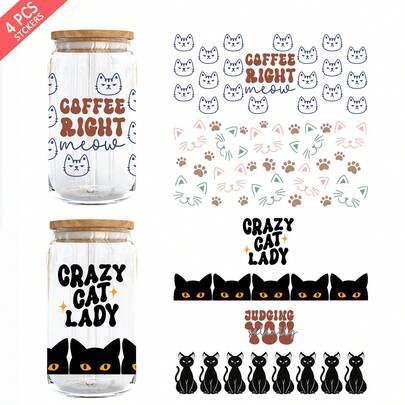 4pcs Cute Cat UV DTF Cup Wrap For 16oz Libbey Glass - Waterproof 3D Crystal Transfer Sticker For DIY Crafting, Mugs, Laptops