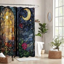 1pc Moon & Sun Pattern Semi-Transparent Waterproof Shower Curtain, Bathroom Thermal Insulation Curtain With Lining, Comes With Plastic Hooks And Metal Grommets For Durability - Multicolor - View 2
