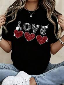 White Love Rhinestone Heart T Shirt Women Fashion  Casual Top Sparkly Embellished Graphic Tee Shirt For Valentine Day Party Outfit - 黑色 - 查看 1