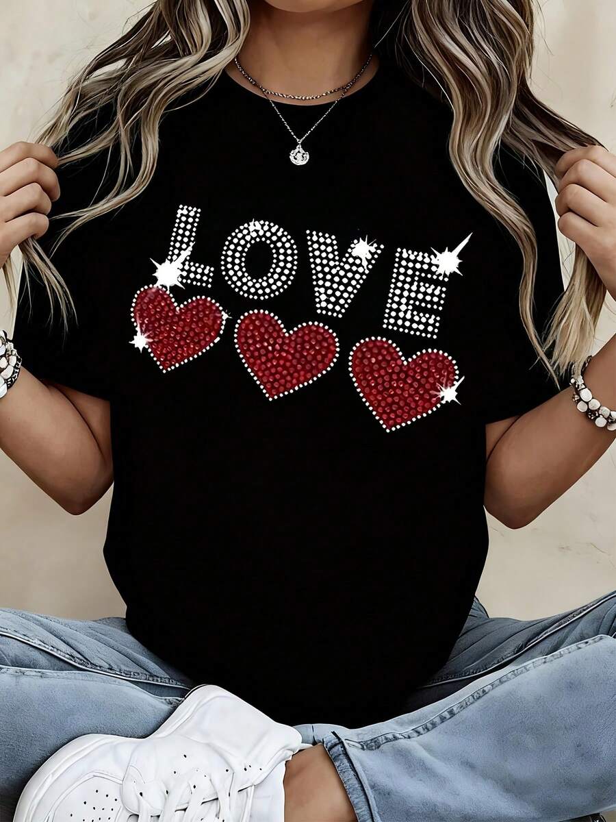 White Love Rhinestone Heart T Shirt Women Fashion  Casual Top Sparkly Embellished Graphic Tee Shirt For Valentine Day Party Outfit - 黑色 - 查看 1