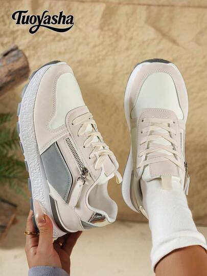 新款女鞋，时尚百搭，拉链装饰系带圆头鞋，纯色设计，舒适软底，休闲鞋、运动鞋、时尚鞋、轻便跑步鞋、平底鞋，适合日常穿着、通勤。