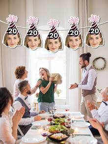 7/14/21 Pc Customized Photos Personalized Age Banner Decorative Ribbon With Gold Crown And Pink Ribbon - Paper Flags Suitable For 18th, 21st, 30th, 40th, 50th, 60th Birthday Celebrations, Anniversaries, Retirement Parties. Room, Garden, High Chair Decorations, Festive Banner Designs, Anniversary Decorations. - Beige - View 4