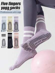 1/3/6双装女士多色专业瑜伽袜，防滑硅胶地板袜，室内普拉提健身袜，春夏中筒袜，分趾袜 - 彩色 - 查看 2